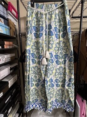 Boho Tassel Drawstring Wide Leg Pants Blue, Green & White